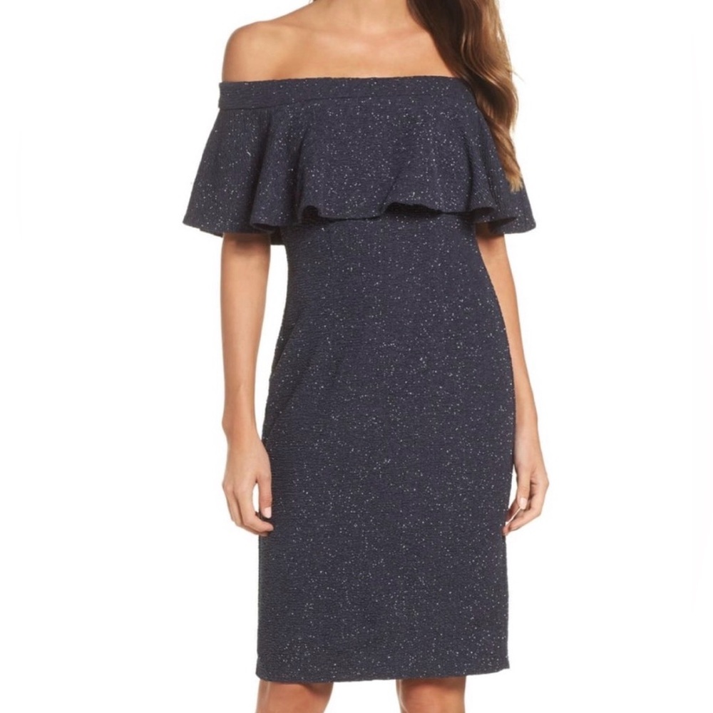 Eliza J Glitter Knit Ruffle Off The Shoulder Dress